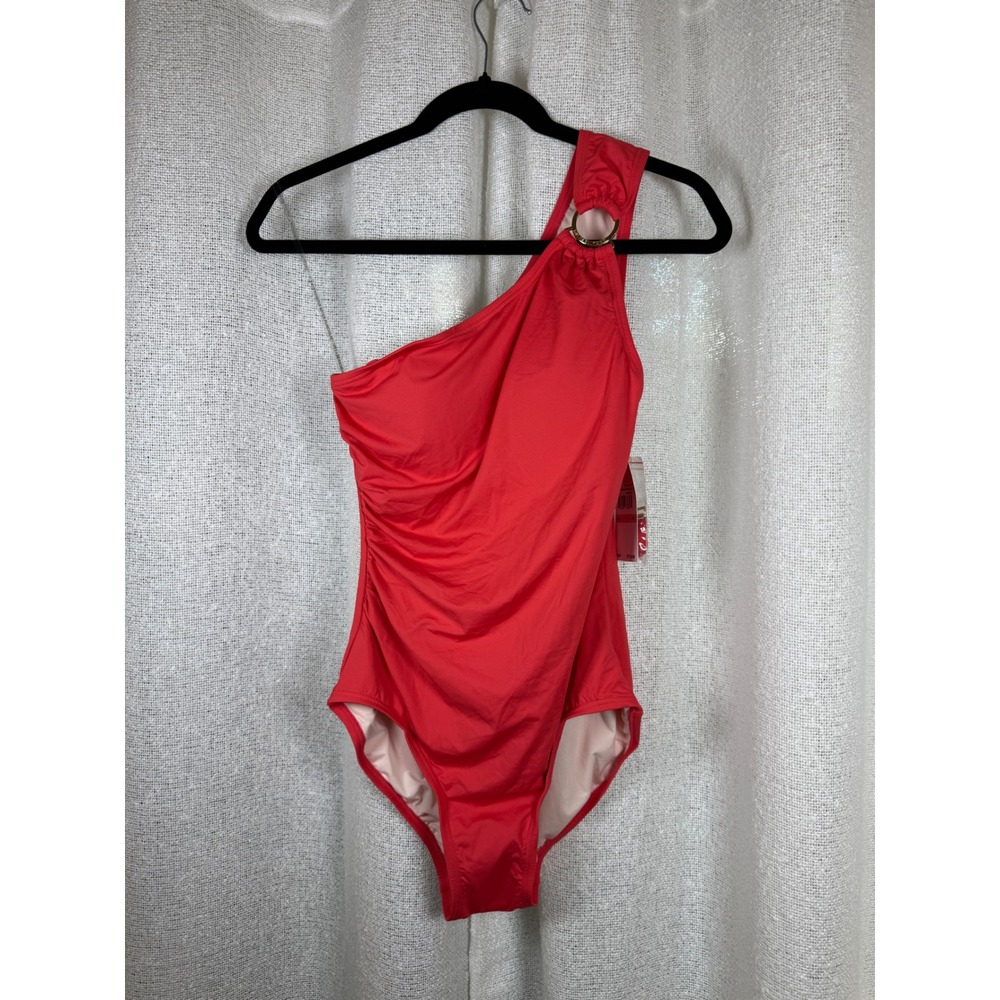 Michael Kors one shoulder swimsuit red ruched gold ring NWT size 10